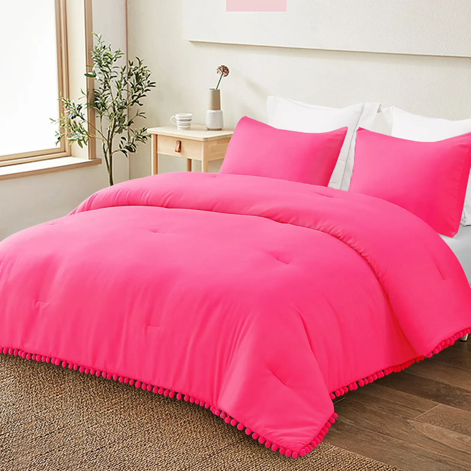 【Back to School】Exclusivo Mezcla Boho Pom Pom Ball Fringe Comforter Set, Lightweight Down Alternative Bedding Comforter Sets for All Seasons