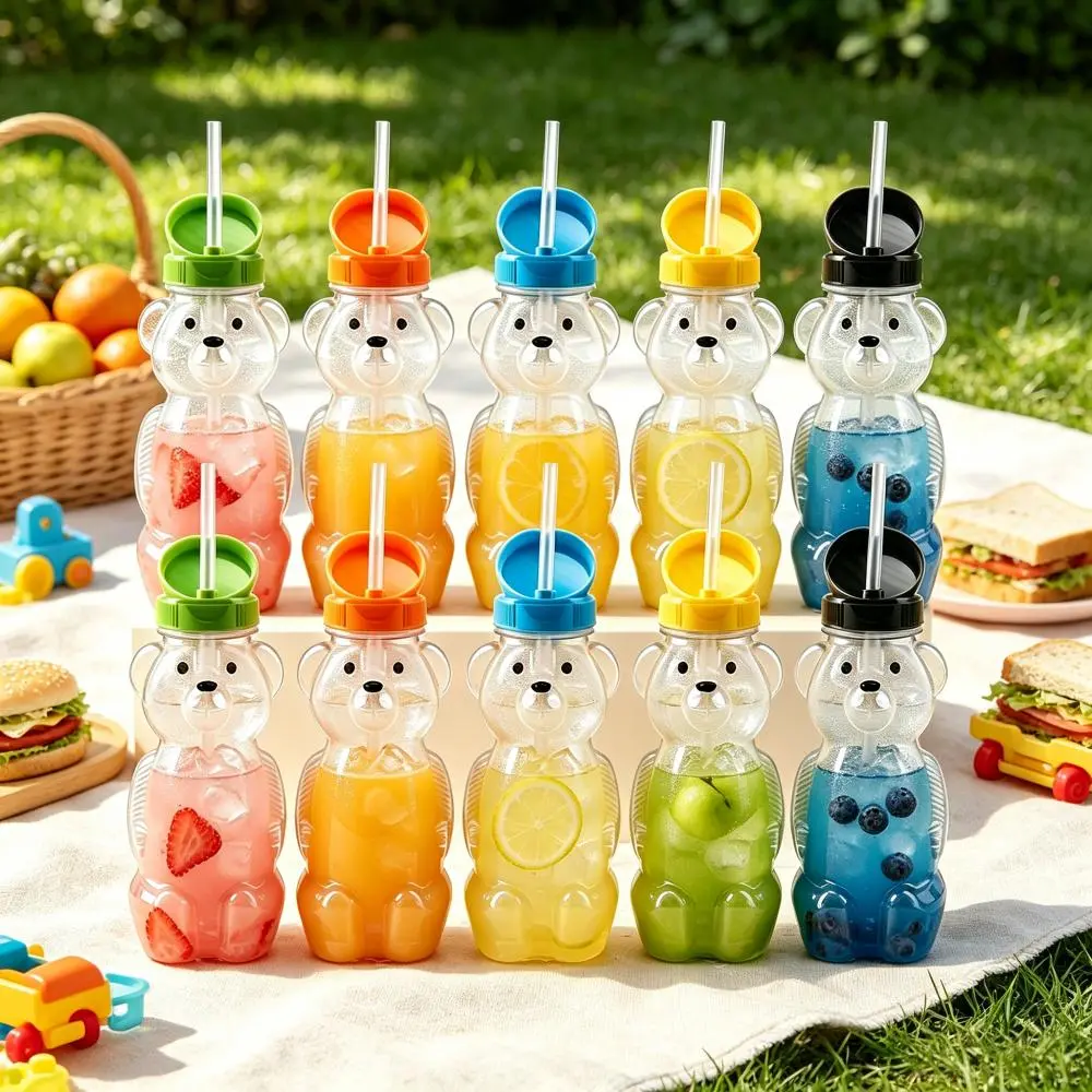 Kids' Animal Bear Character Plastic Tumblers 10-Pack - Lightweight Reusable Water Bottles with Flip Lids, Straws, Mixed Colors, Kitchenware Set for Outdoor Parties, Birthdays, With Straws, Animals, Bpa Free, Straws Included