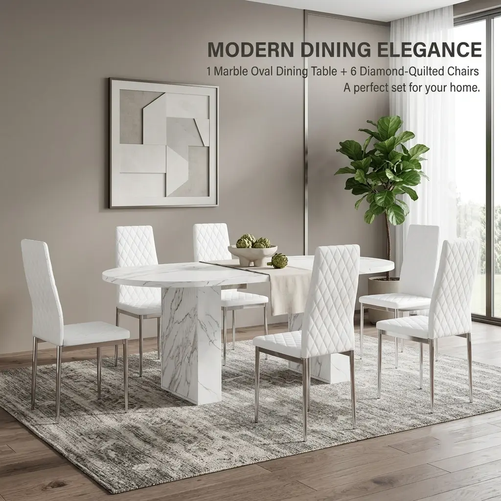 7-Piece Modern Farmhouse Dining Table Set for 6 (2 Packages Shipping) - 63 in Oval MDF + Metal large Table, 6 Diamond Tufted High-Back PU Leather Upholstered Chairs, Indoor Furniture with Waterproof, Scratch-Proof Tabletop & Easy Assembly