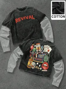 Men's Two-Piece Long Sleeve Graphic Fitted T-Shirt, American Vintage Streetwear Style, Perfect for Retro Culture Lovers, Trendy Casual Wear