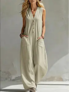 Fashion Casual Sleeveless Two-Pocket Romper, Comfortable and Stylish One-Piece, Perfect for Daily Wear and Leisure Activities