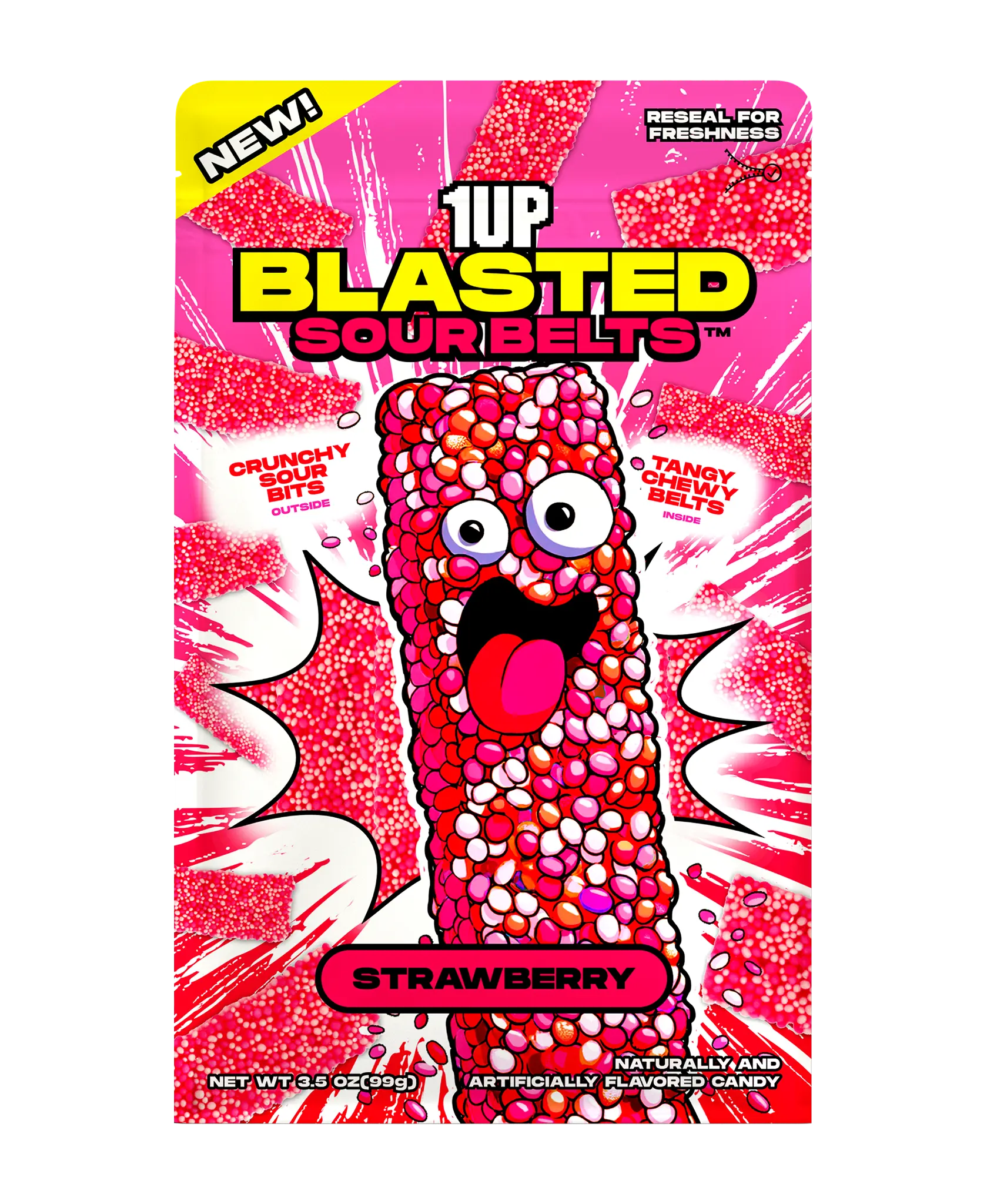 1UP Candy Blasted Sour Belts – Strawberry | Crunchy-Coated Sour Candy Strips (1, 6 or 10 Pack)