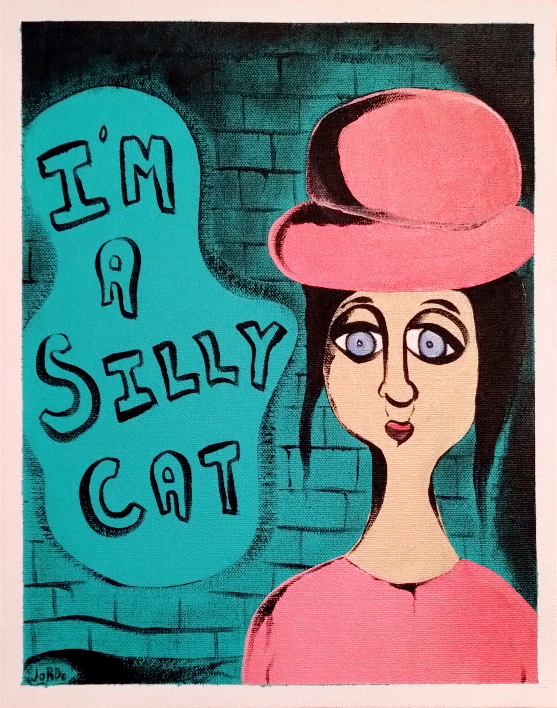 Cat Theme "I'm a Silly Cat" Girl Painting Poster 11"x14" on Loose Canvas Wall Art for Home Decor Playful Touch Ideal for Various Room Settings