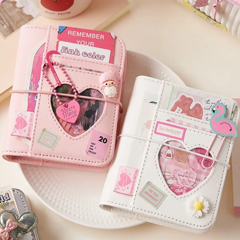 M5 Pink Heart Soft Cover Loose-Leaf Journal Notebook - Portable Kpop Idol Diary Album, Mini Scrapbook Album with Removable Strap for Travel
