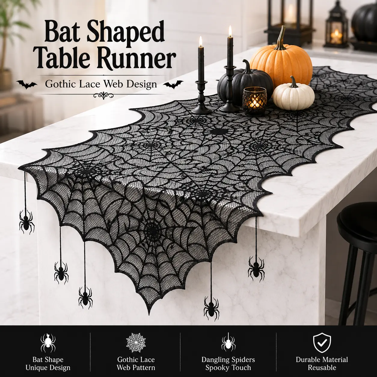 Halloween Black Lace Spider Web Tablecloth & Bat Shaped Table Runner, Gothic Mesh Table Decor with Hanging Spider Ornaments, Halloween Dinner Party, Haunted House, Indoor Home Tabletop Decoration Supplies
