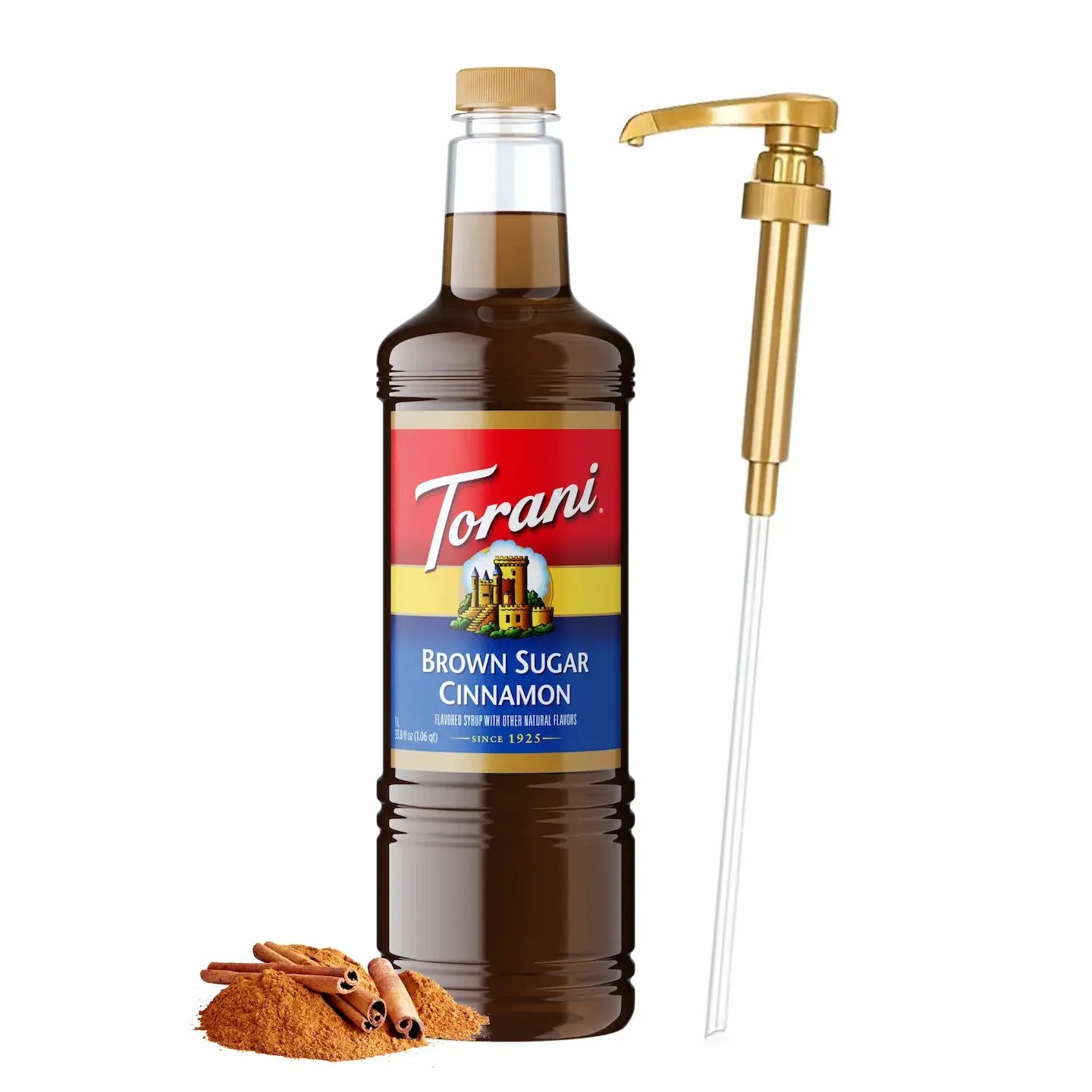Torani Brown Sugar Cinnamon Sweet Syrup, 1L Bottle with Pump, Natural Beverage Syrup