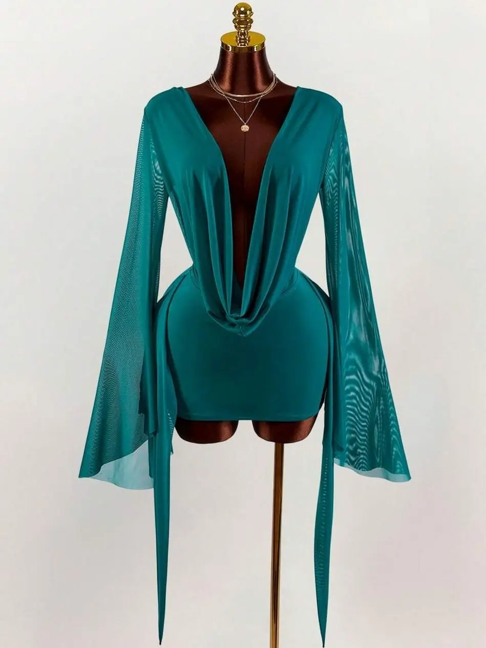 Low-Cut Drape Collar Bodycon Mini Dress | Flare Sleeve Vacation Dress for Women