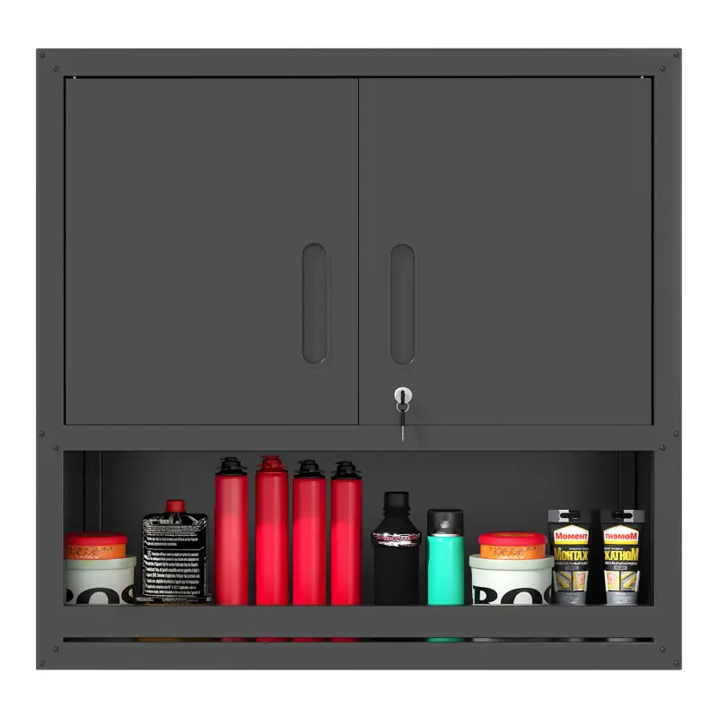 Metal Wall-Mounted Tool Storage Cabinet with Locking Door and 1 Shelf 1 Opened Drawer for Garage Warehouse,Office,Assembly Required,Lock to prevent theft, wall mounted to save space, layered storage tools