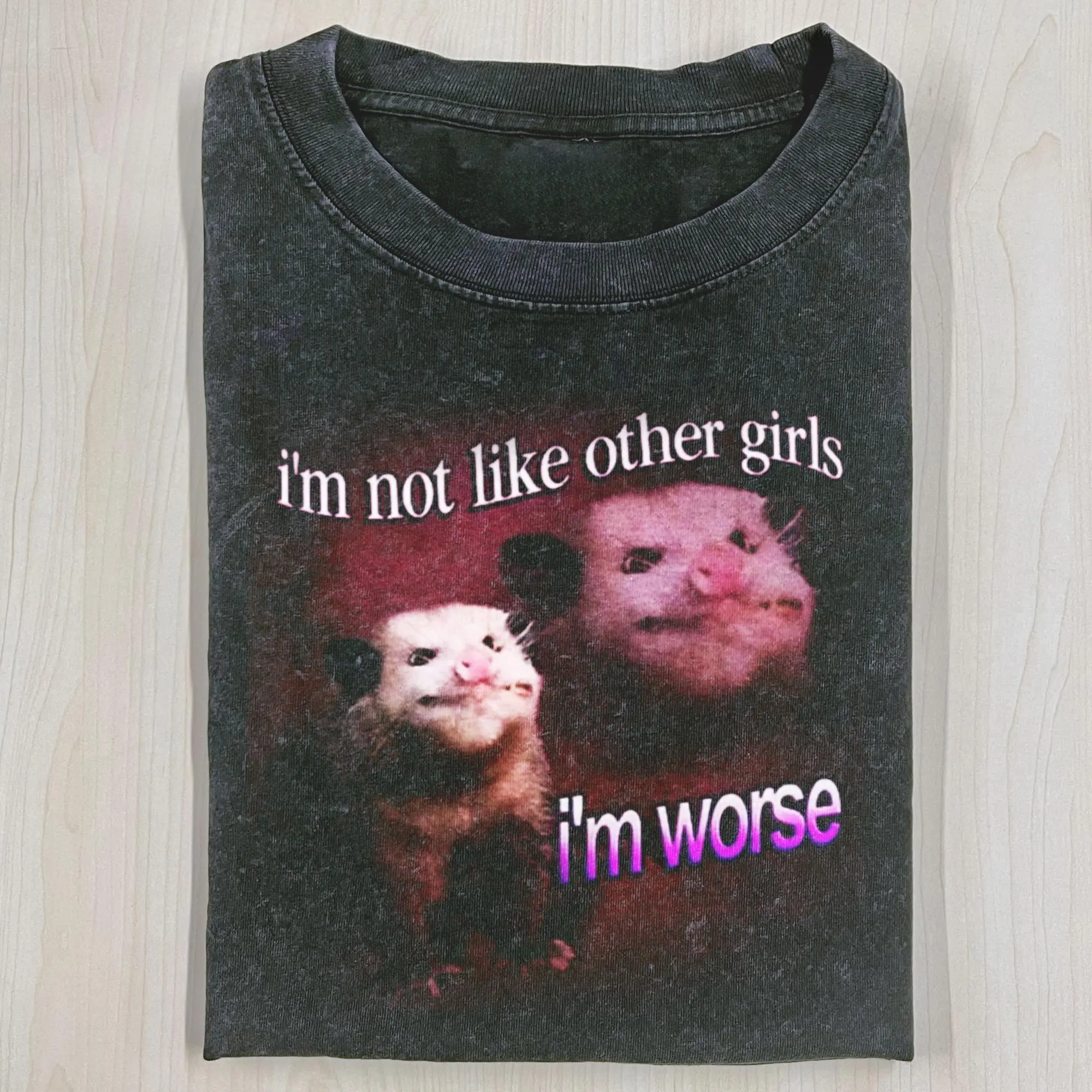 Women's Vintage 90s Wacky Opossum Short-Sleeve Round Neck T-Shirt - "Possum I'm Not Like Other Girls I'm Worse" Funny Stylish Graphic Tee, Oversized Washed Fabric Top, Gift for Women, Shortsleeve, Tshirt