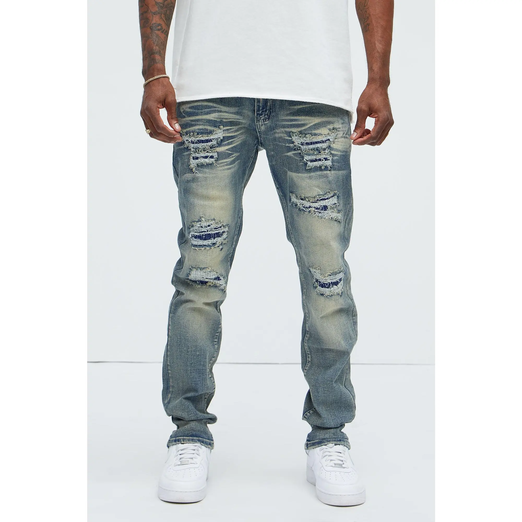 Come My Way Ripped Stacked Skinny Jeans - Dark Wash