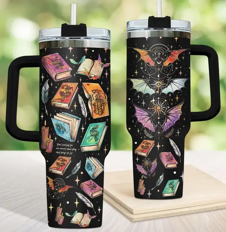 [Gift Box & Straw] Fantasy Dragon Bookish Style Tumbler 40oz With Handle & Straw, Multicolor Dragon Artwork Stainless Steel Insulated Travel Mug, Magical Reader Drinkware Gift For Book Lovers