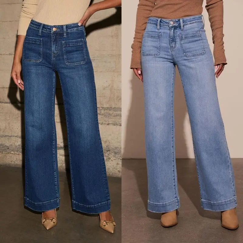 Maoumous New High Waist Straight Jeans Women's Slim Wide Leg Retro Temperament Trousers Womenswear Bottom kawaii  jeans Pants Denim Denim Clothing Blue High Waist