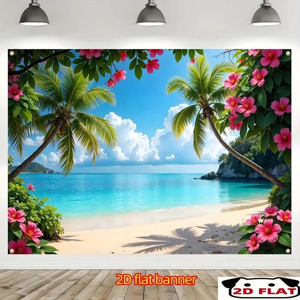 1PC 2D Flat Flower Print Banner - Tropical Beach Floral Hawaiian Theme Party Decoration Banner, Summer Vacation Outdoor Birthday Wall Backdrop with Tropical Look