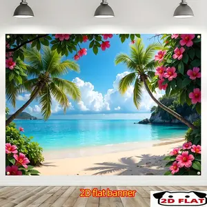 2D Flat Banner Polyester Photography Backdrop, HD Digitally Printed Tropical Beach Ocean Scene Background Cloth with Palm Trees and Pink Flowers, Soft Lightweight Foldable Photo Background for Vacation Theme Party Decor, Studio Ph