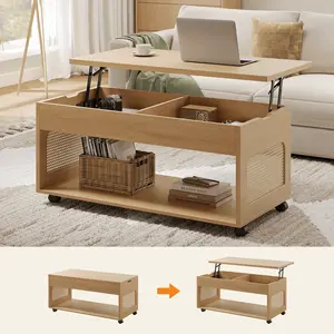 SIKAIC 2-in-1 Lift-Top Rattan Weave Coffee Table with Wheel Base, Hidden Compartment, Large Storage Shelf, Natural Color for Home Decor, Man Cave Furniture, Coffeetable