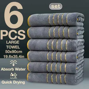6pc Luxury Coral Fleece, 6 Large Towels Premium Bath Towels 50x90cm, 300gsm, Super Soft, Highly Absorbent, Fast Drying, Gold Embroidery