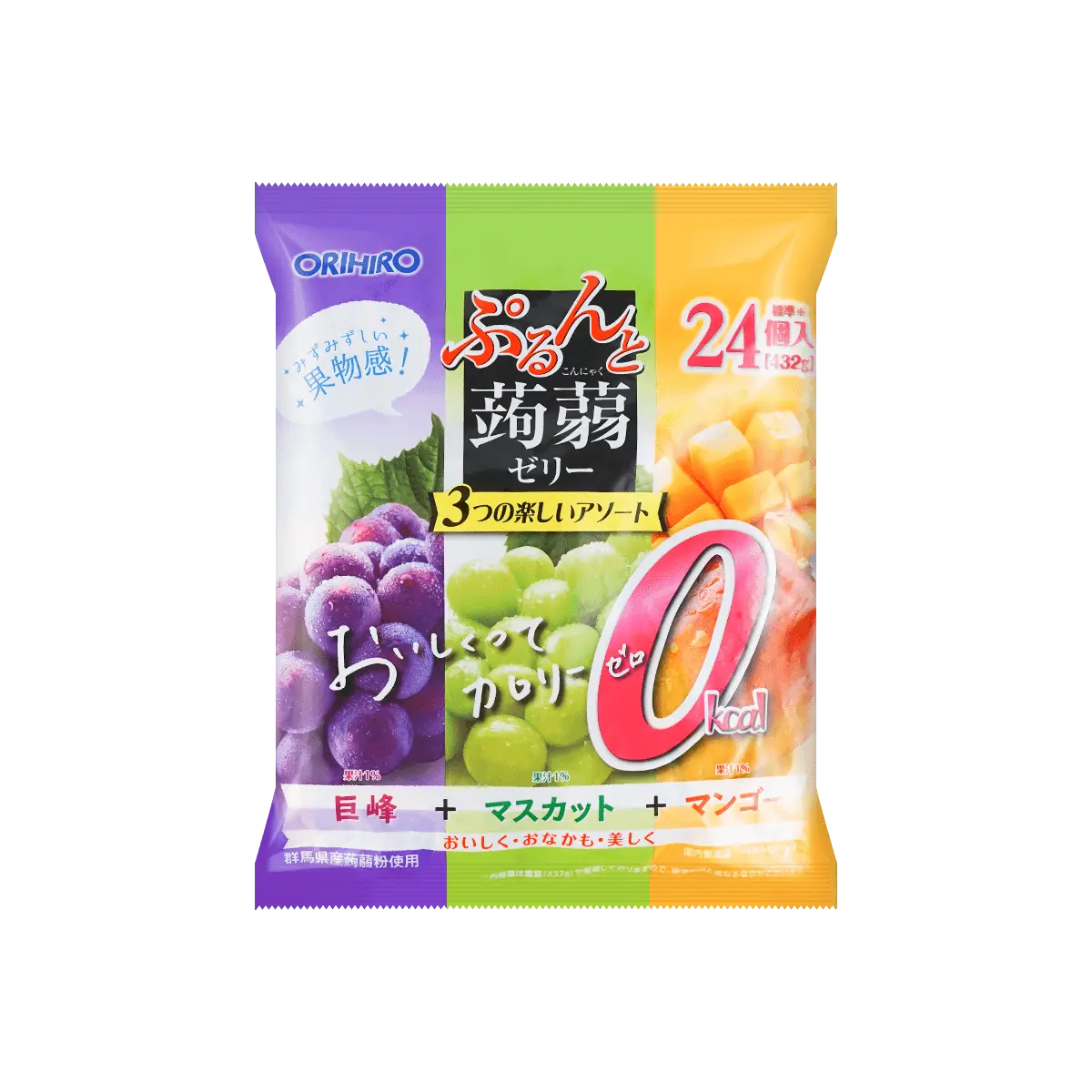 ORIHIRO Konjac Jelly Fruit Snacks - Kyoho Grape, Muscat Grape & Mango, 24 Pieces, 0.63oz