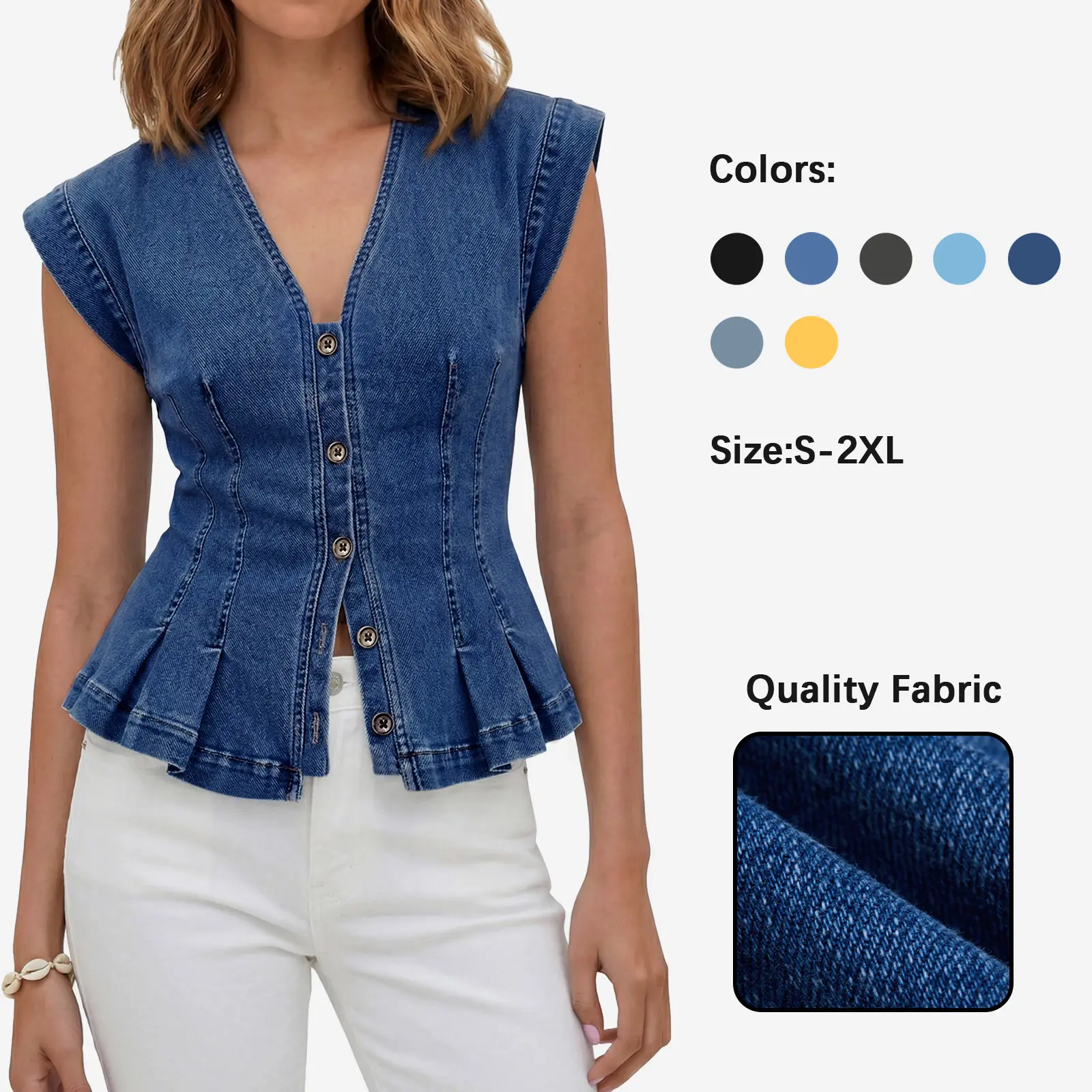 Tankaneo Womens V Neck Denim Vests Tops Trendy Summer Casual Button Down Y2k Fitted Pleated Sleeveless Jean Tops