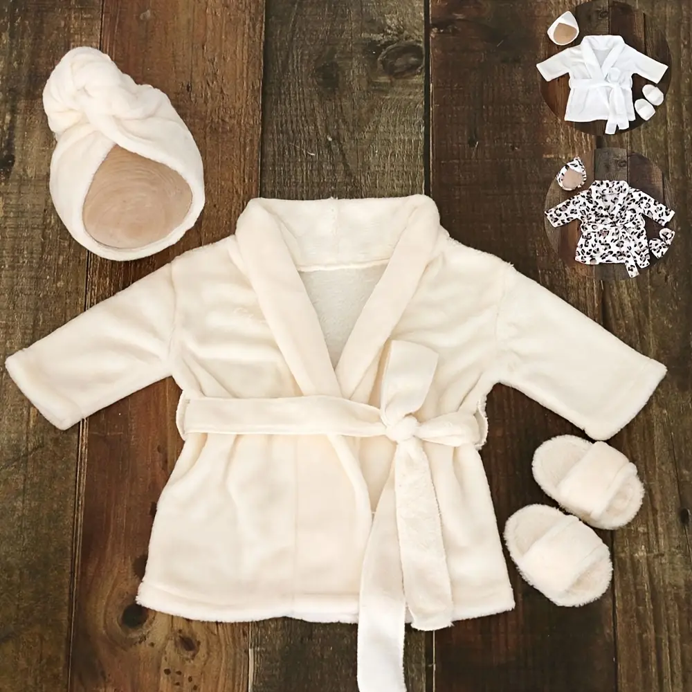 Comfortable Cream Baby Bathrobe with Matching Slippers and Scarf - Perfect Newborn Photography Props, Suitable for Baby Boys and Girls, Soft Lycra Fabric, Cotton Ruched Two-Piece Set for Toddler Girls, Summer Dress Fashion Outfit with Sheer Fabric