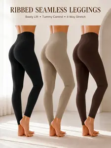 YMZFIT 3-Pack Ribbed High-Waist Leggings | Tummy Control & Booty Lifting, Non-See-Through Compression Pants, All-Day Comfort for Gym, Loungewear & Daily Wear