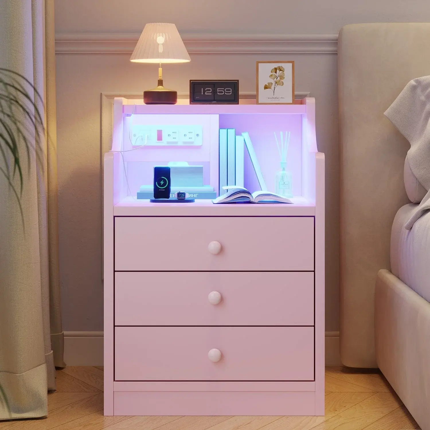 SIKAIC Pink LED Nightstand with 3 Drawers and Charging Station, Compact Bedside Table with Adjustable RGB Lights