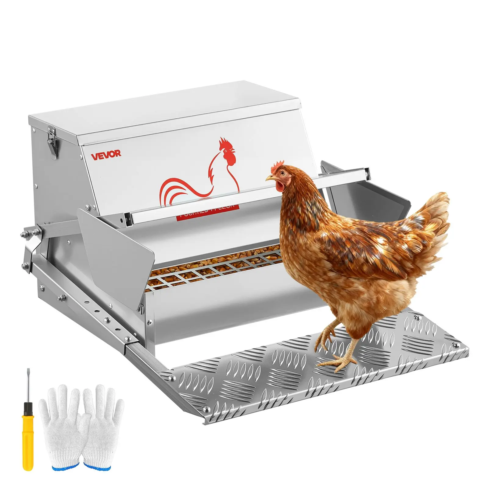 VEVOR Galvanized Steel Treadle Chicken Feeder, 25 lbs (11.34 kg) Adjustable Capacity, Rainproof Textured, Lockable Lid for Animal Theft Protection, Auto-Opening Less-Waste Design, with User Manual, 18.9-21.3x16.7x11.0 in, Outdoor Poultry Use