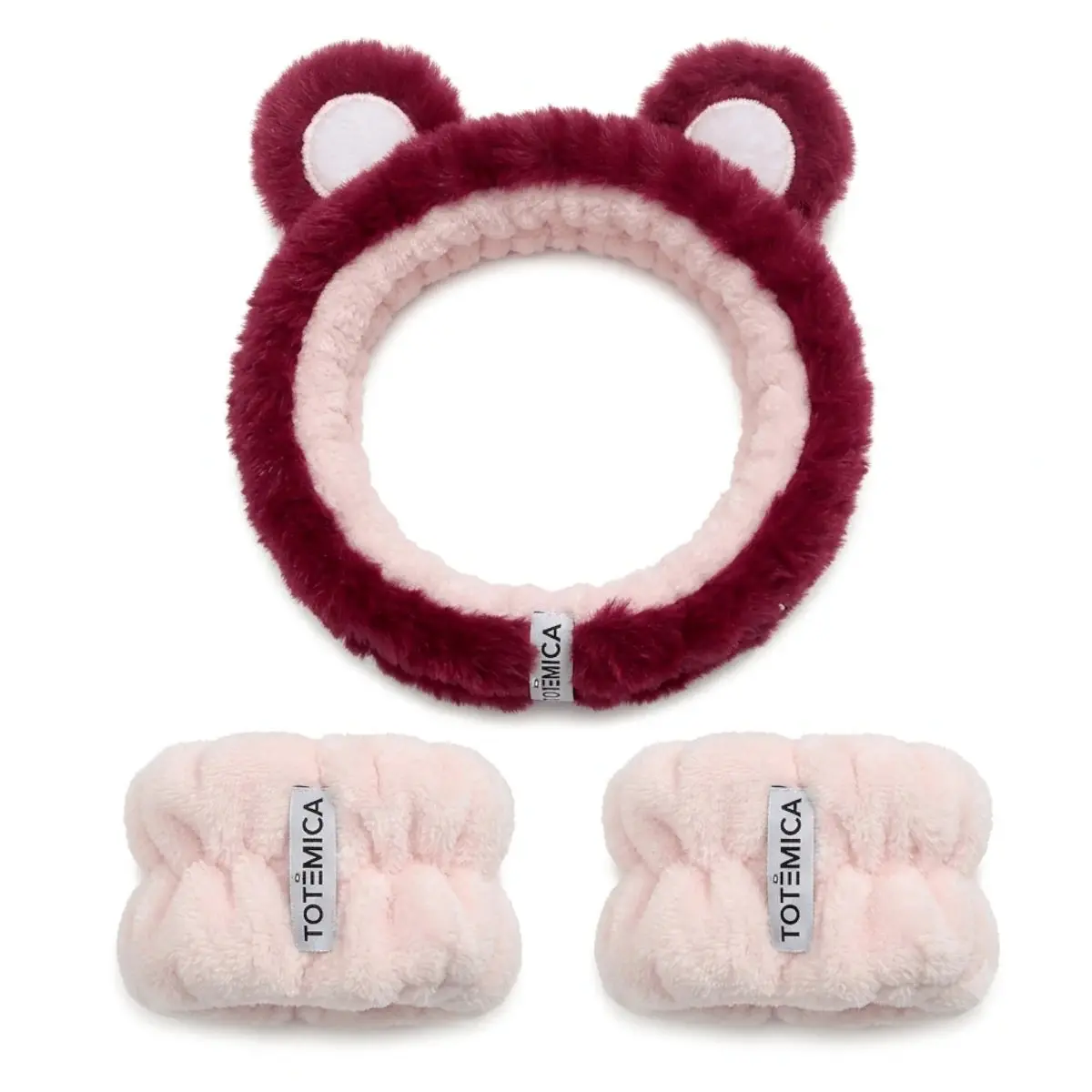 Totemica Spa Headband & Wristband Bear  | Skincare Headband + Anti-Drip Wristbands ‍️ Soft Plush Spa Set | Reusable Kawaii Beauty Essential
