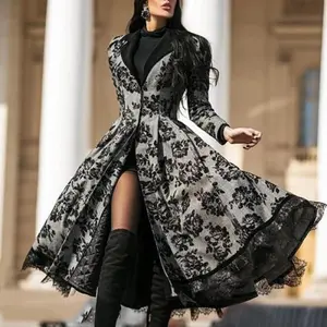 A large-sized retro long trench coat with lace patchwork for women in winter 2025 Women's Long Sleeve Open Front Blazer