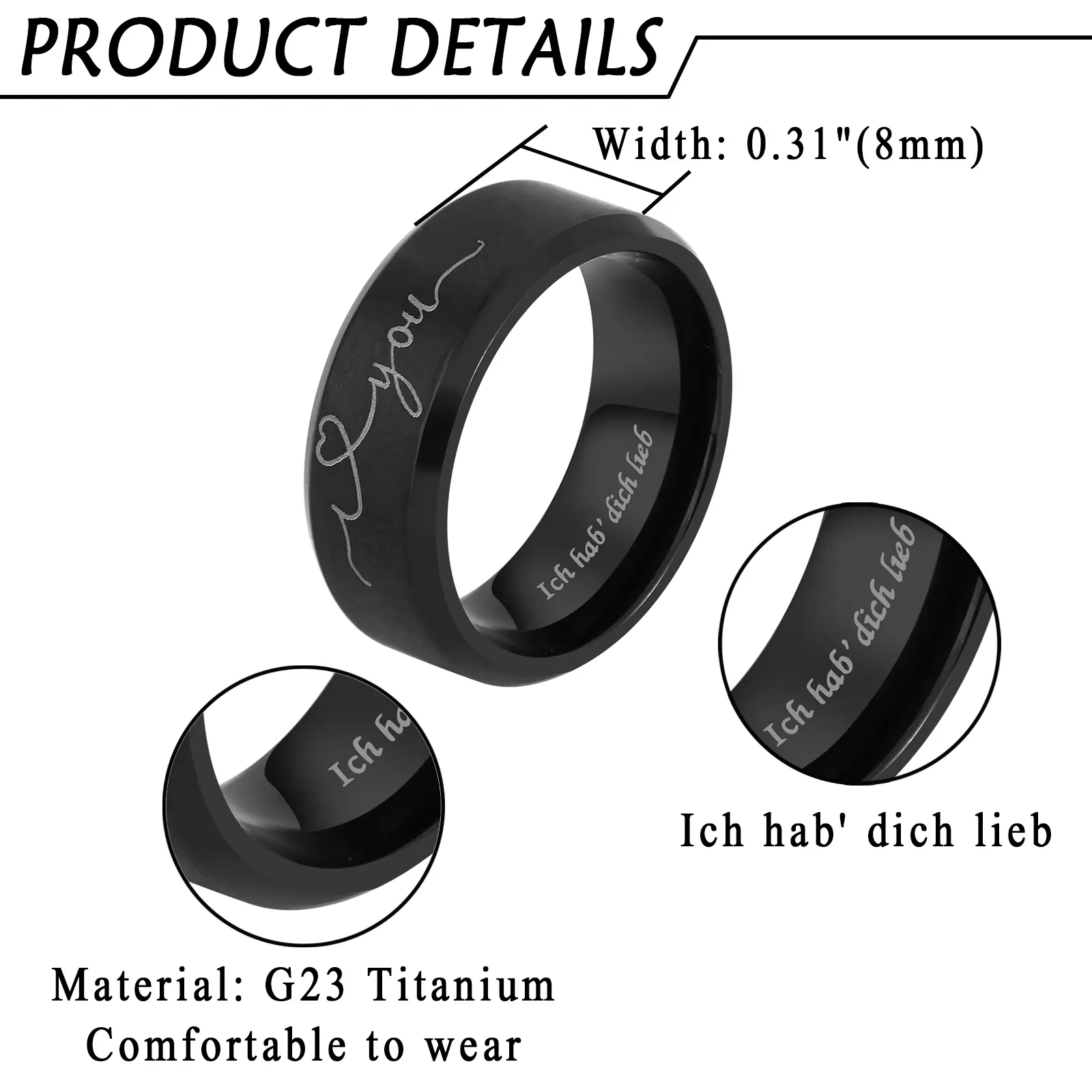 OIDEA Men's 8mm Titanium Wedding Ring - Black Matte, Beveled Comfort Fit, Engravable - Contemporary Statement, Solid Metal, Engraved Phrase, Titanium Construction Rings - Birthday Gift Set, Contemporary Statement Rings