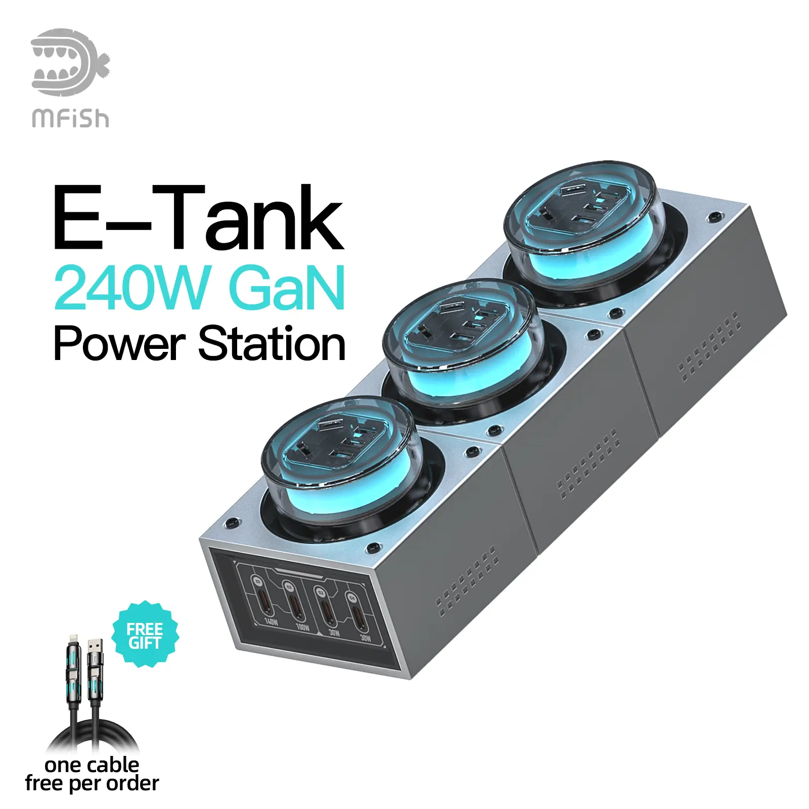 mfish E-Tank 7-in-1 GaN Desktop Charging Station, 240W USB-C + 1250W AC Power Hub with 4 USB-C, 3 AC Outlets & RGB Light