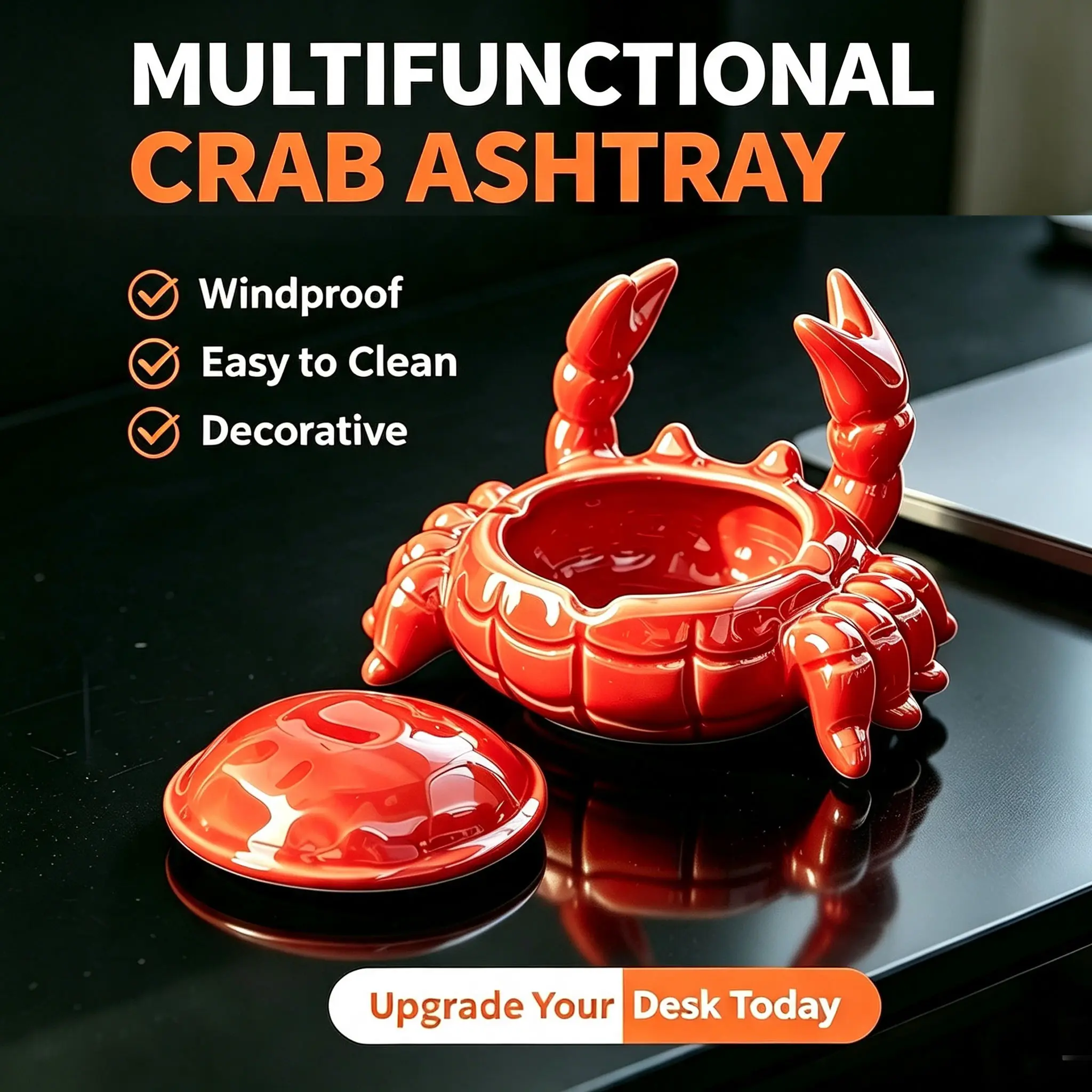 Windproof Cute Ceramic Crab Ashtray with Lid for Indoor & Outdoor Patio Porch - Creative Desk Ornament for Office & Home Decor - Unique Adorable Birthday, Thanksgiving & Christmas Gift Idea for Smokers, Men & Women