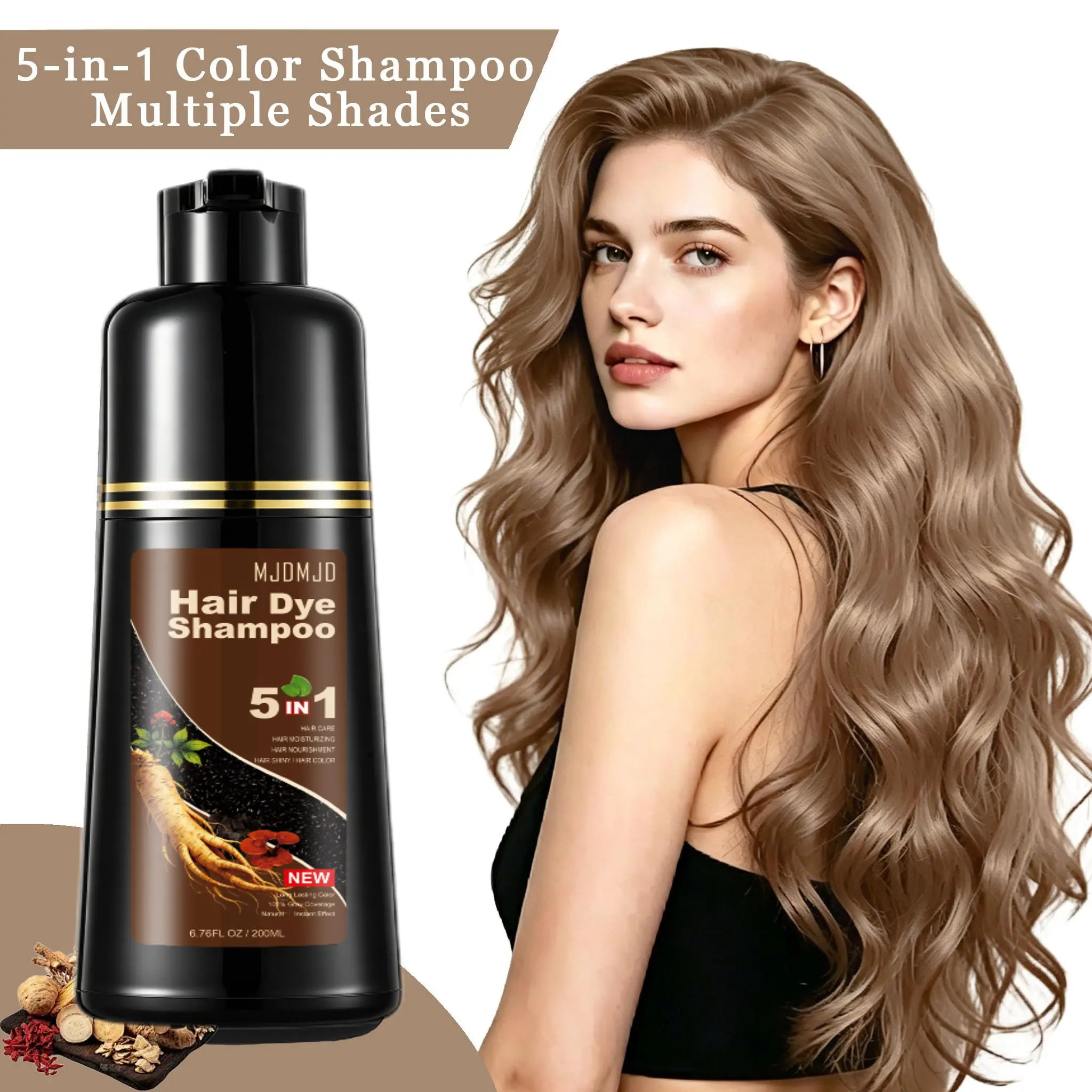 5-in-1 Light Brown Hair Dye Shampoo, Herbal Hair Color with Ginseng, Instant Gray Coverage, Long-Lasting Natural Color, Easy Home Use for Men & Women, 200ml