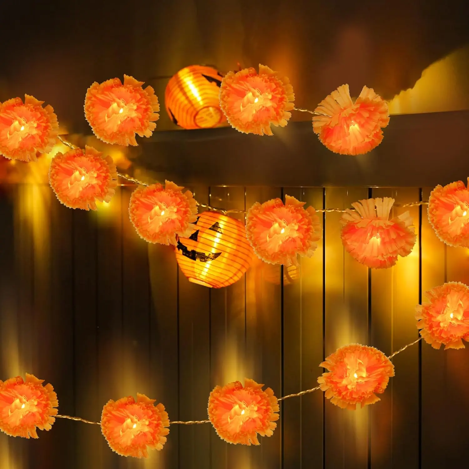 alikiki Artificial Marigold Flowers String Lights - 2 Packs USB-Powered Fabric Marigold Garland for Diwali Puja Gifts, Weddings, Indian Parties,Diwali Wall Door Pooja Room Altar Decor
