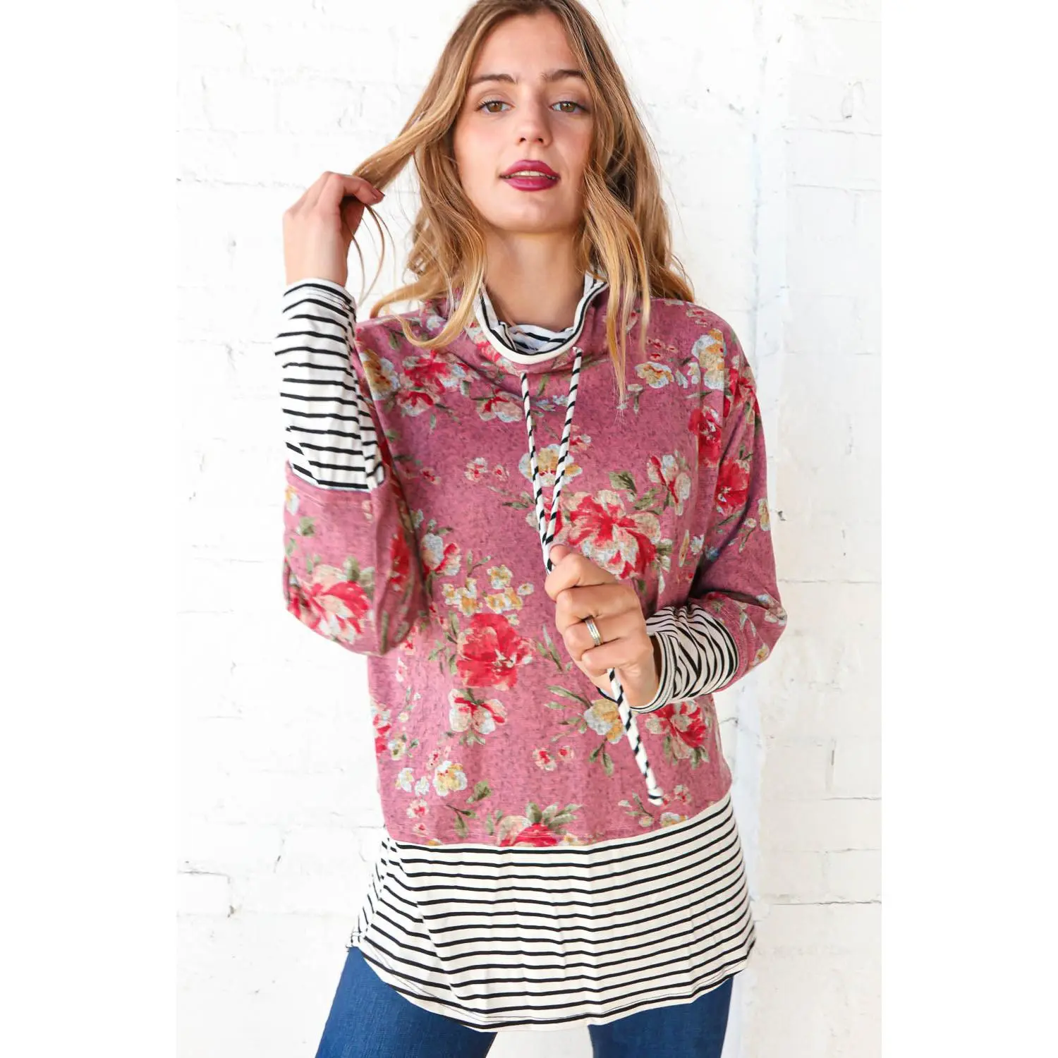 Mauve Floral Stripe Color Block Turtleneck