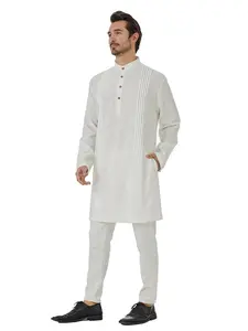 Malay Men's Traditional Clothing, Stand Collar Pleated Detailing Mid-Length Kurta, Loose Fit Long Sleeve Top, Winter Wear, Woven Fabric