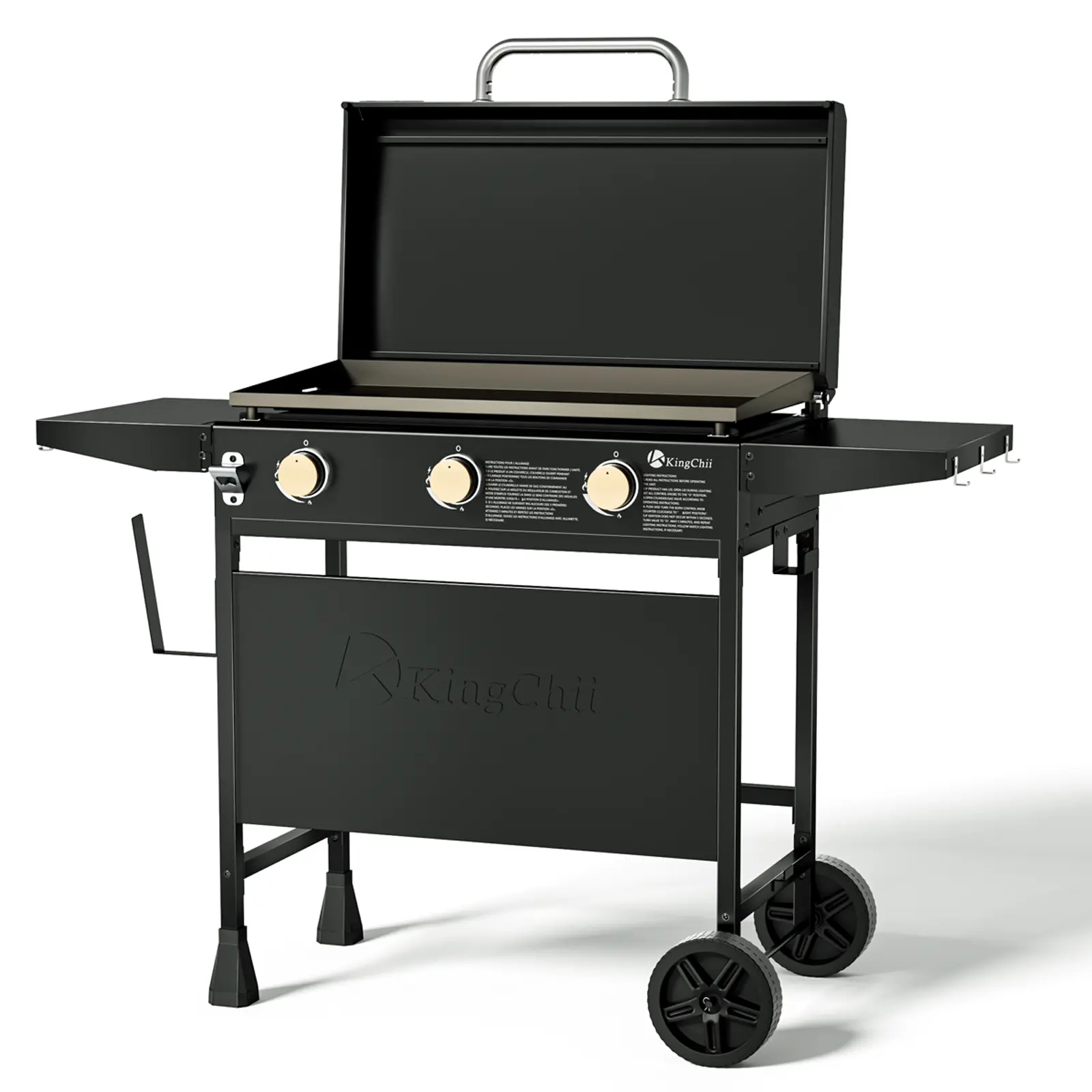 KingChii 28" Metal 3-Burner Propane Griddle with Hard Cover - Foldable Black Square, Rear Grease Cup, Traditional Portable Outdoor BBQ for Garden Party, Camping (Ideal for Cheese Preparation)