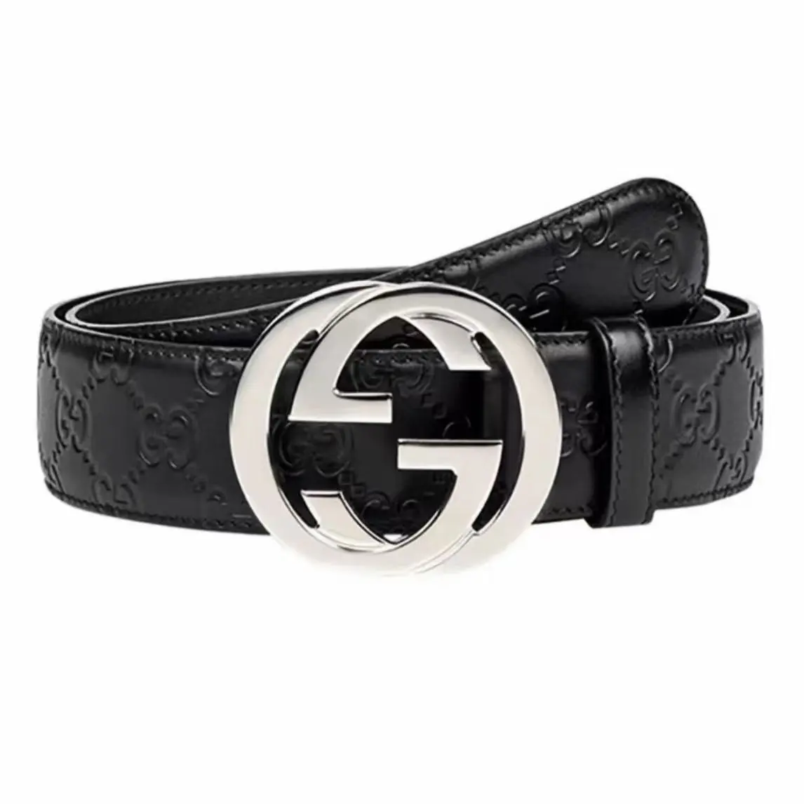 Pre-owned GUCCI Men Black Leather Belt | Interlocking Double G Buckle, 4cm Wide MSSJ