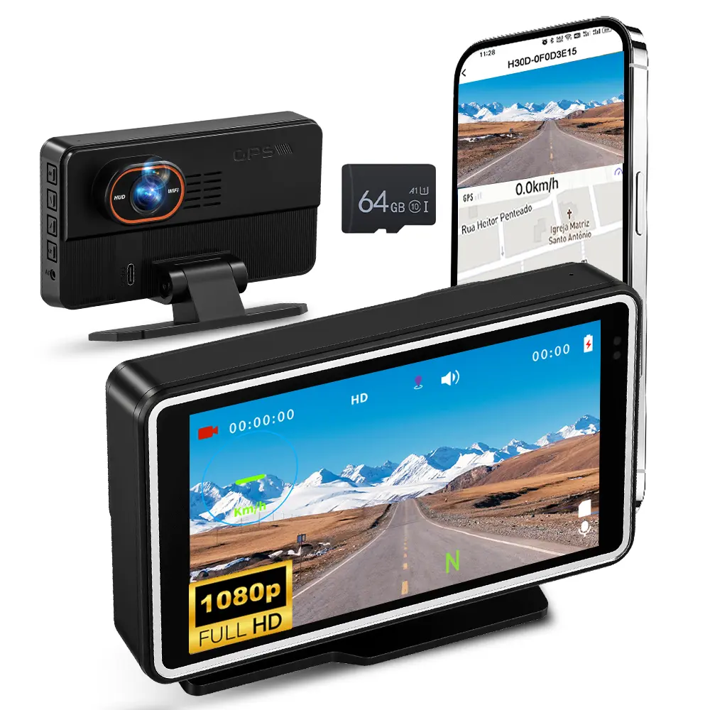 Podofo WiFi Enabled Car Dashcam with 5-in Screen, Car Driving Safety Accessory - 5 inch Display, HD 1080P, 64GB Micro SD Card, HUD Display, App Playback, Loop Recording, Motion Detection, Overspeed Alarm, Father's Day Gift