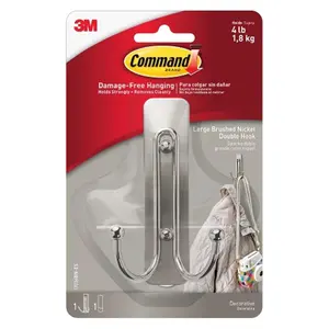3M  Metal Double Hook with Strips - Brushed Nickel, Large