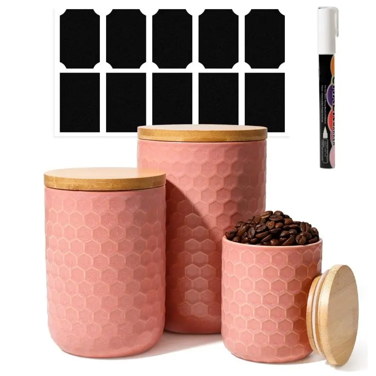 Ceramic Canisters Set of 3 with Airtight Bamboo Lid, Honeycomb Design, Sugar Flour Coffee Containers for Kitchen Countertop Food Storage Container Jars Sets