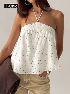 Polka Dot Halter Crop Top Women Sexy Casual Chic Strapless Double Layered Summer Tops
