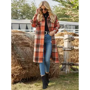 Plaid Button Front Trench Coat Vintage Long Sleeve Women's Warm & Cozy Classic Style Fabric Fit Polyester Collared Top Jackets Comfort Outerwear Khaki Womenswear