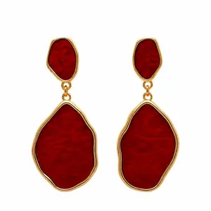 TEIKET Red Statement Drop Earrings Gold Tone Bold Deep Red Stone Look Luxury Energy Perfect for Date Nights Parties