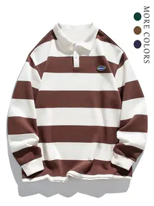 Men's Casual Striped Polo Shirt, Button Collar Design, Fashion Patched Logo, Loose Fit Style, Perfect Daily Wear & Streetwear Choice