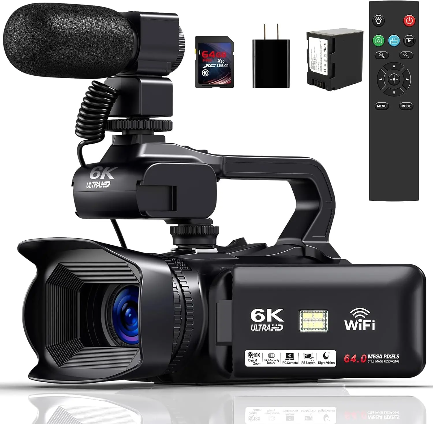 Camcorder 6K Video Camera 64MP 18X Digital Zoom 4.0 Inch Touch Screen IR Night Vision Vlogging Camera for YouTube Video Camera with WiFi, Microphone, Remote Control, 64GB SD Card,Stabilizer Selfie Recording Rechargeable Memory Lens Charging Batteries outd
