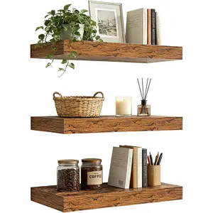 Set of 3 Rustic Brown Wood Floating Shelves 15.7 inch - Wall Mounted Shelves for Over, Bedroom,, Living Room - Home Display Shelves