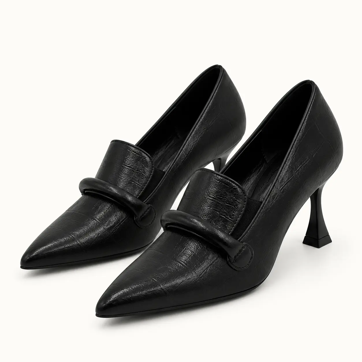 GeeYea women’s Black Loafer-Inspired High Heel Shoes, Pointed Toe Dress Heels with Croc-Textured PU Upper, PU Lining & PVC Sole, Elegant Office, Date Night & Party Shoes