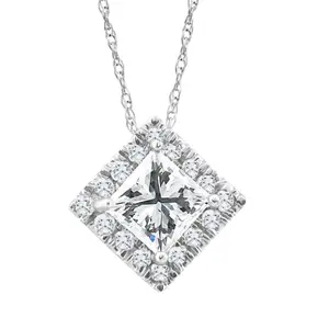 1 1/5Ct Princess Cut Diamond (1ct center) Enhanced Diamond Halo Pendant Necklace