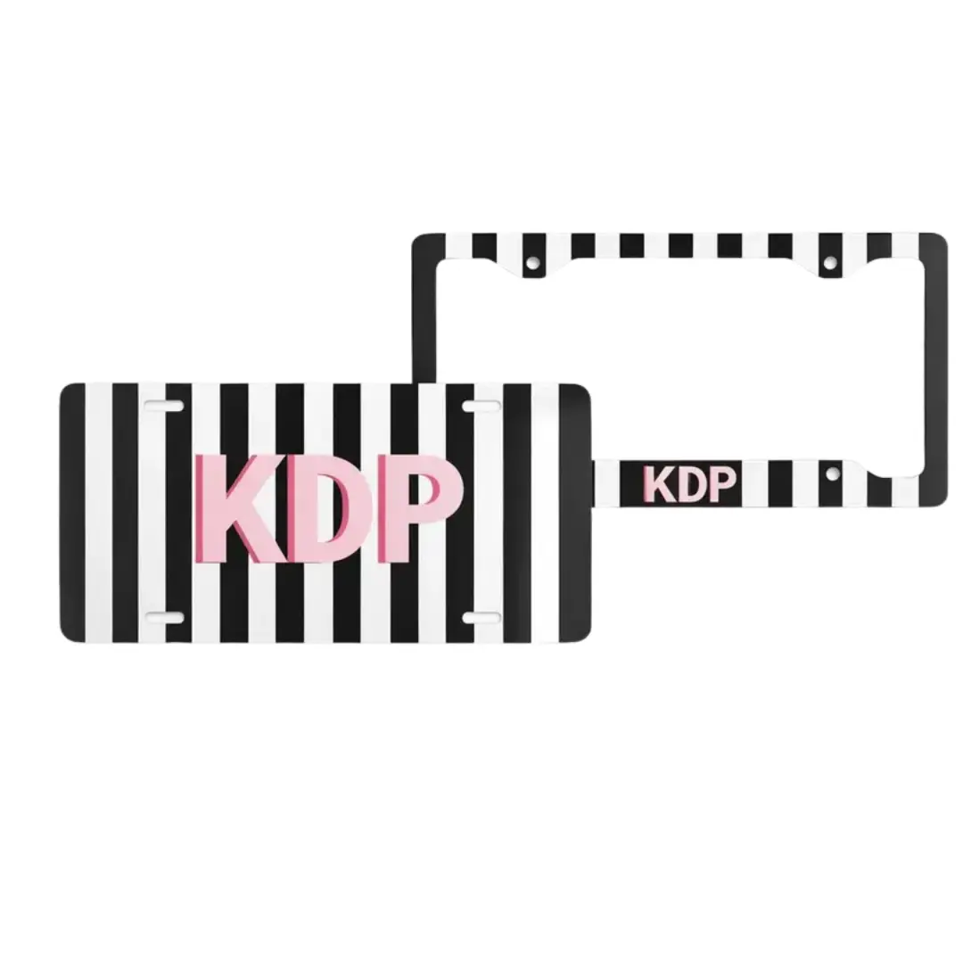 Personalised Pink Monogram License Plate & Frame Set | Black & White Striped Car Decor | Custom Initials Gift for Her