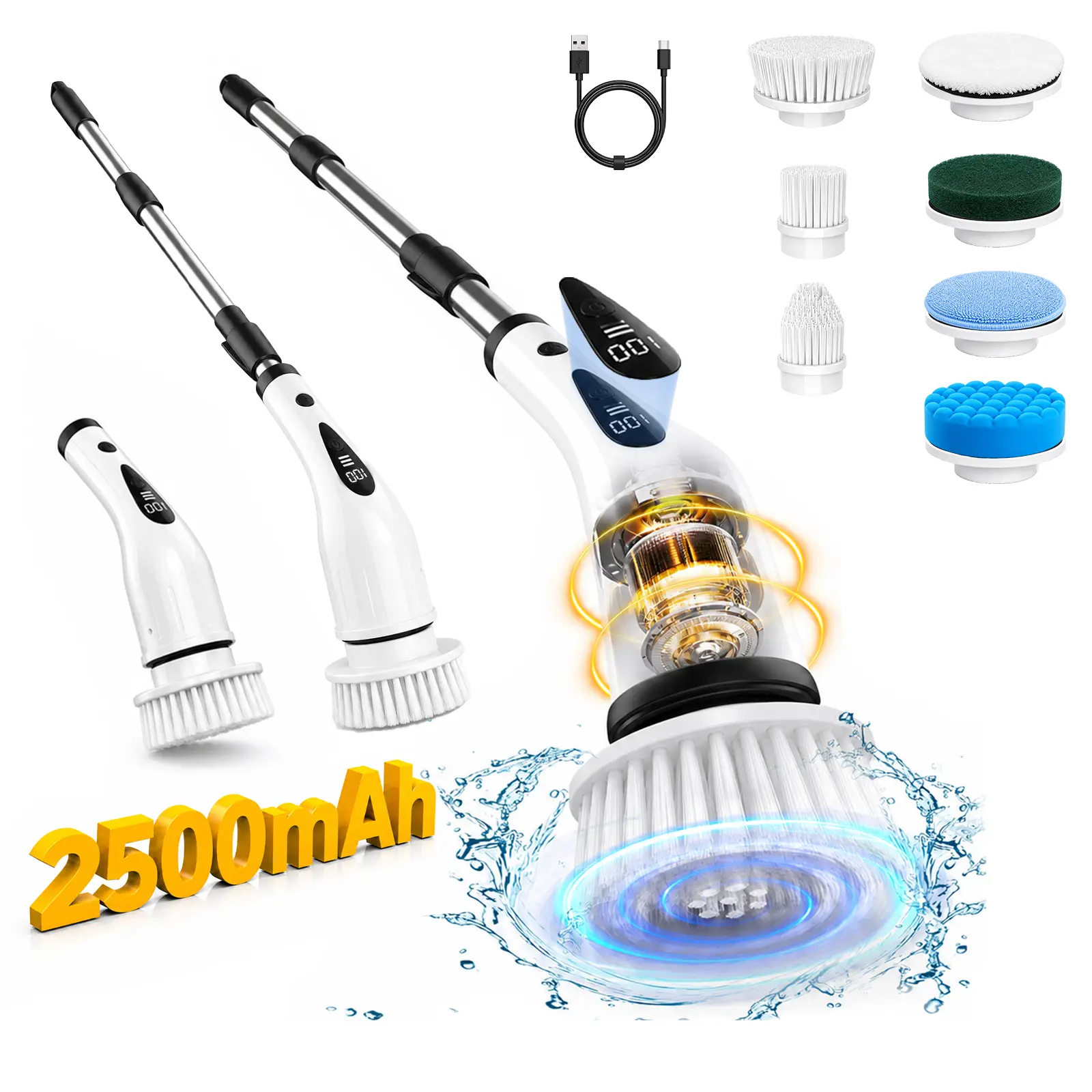 2026 Upgraded Cordless Electric Spin Scrubber - Powerful Rechargeable USB Cleaning Brush, 8 Replaceable Heads, 3-Length Extendable Handle, Dual Speed, IPX7 Waterproof LED Display, Versatile Handheld Tool for Bathroom, Kitchen, Mom Gift, Cordless Handheld